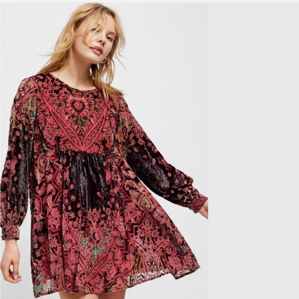 Free People Mirror Mirror Wine Combo Velvet Mini Dress SIZE XS‎ OB543210